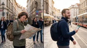 Comparison between offline travel using paper maps and online travel using smartphone with eSIM data abroad