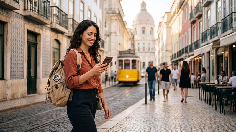 Traveler using smartphone with reliable mobile internet while exploring a city abroad