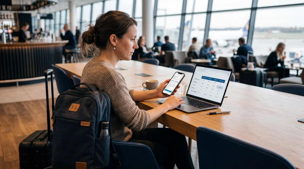 A traveler comparing mobile data providers on a smartphone and laptop in a modern travel setting such as an airport lounge, hotel lobby, or café. The scene should feel analytical, practical, and decision-focused, with subtle travel elements like a suitcase or backpack nearby. Clean modern realistic style, natural lighting, no logos, no text. The image should represent comparing eSIM providers, travel data options, and smart decision-making for connectivity abroad.