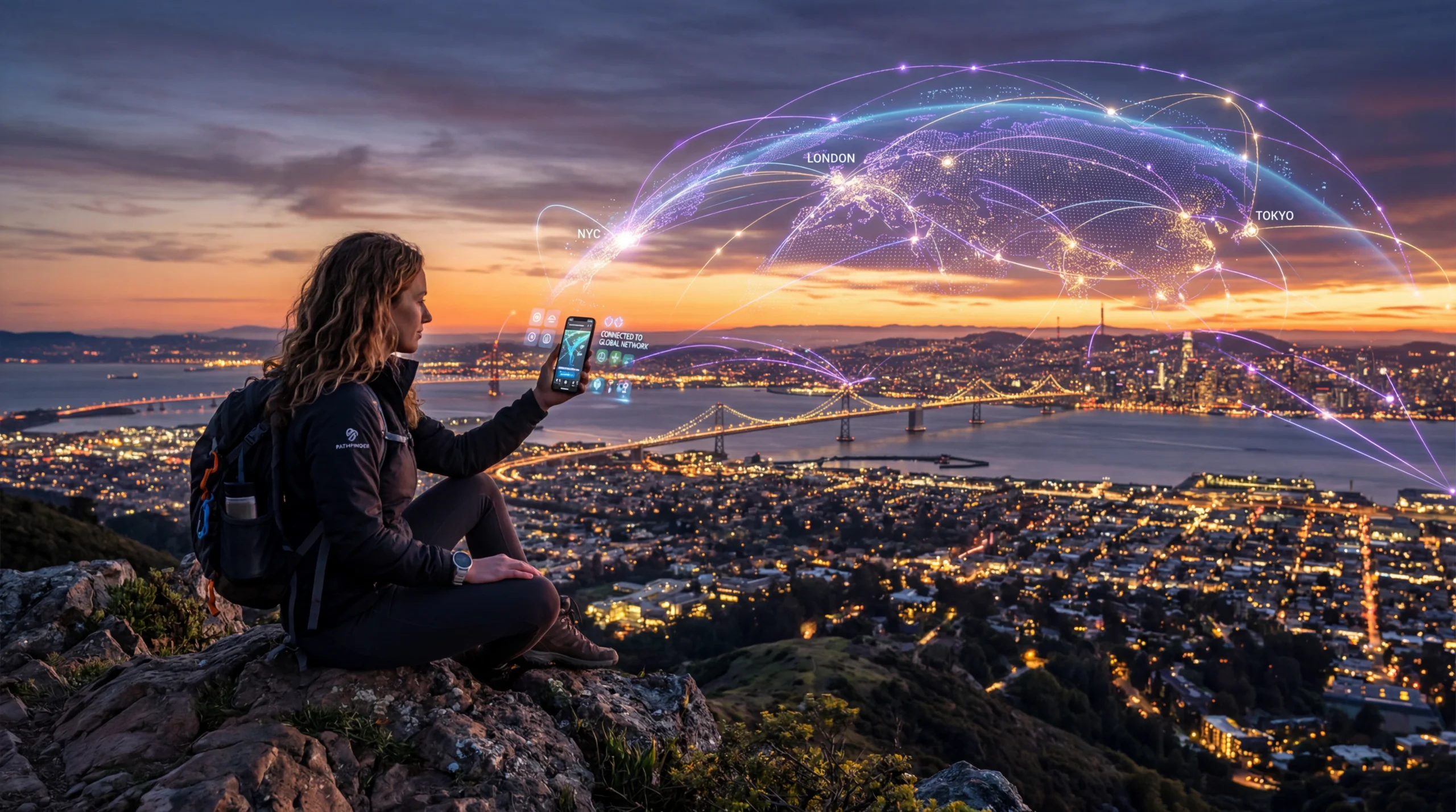 Traveler using smartphone with global eSIM connection while traveling abroad