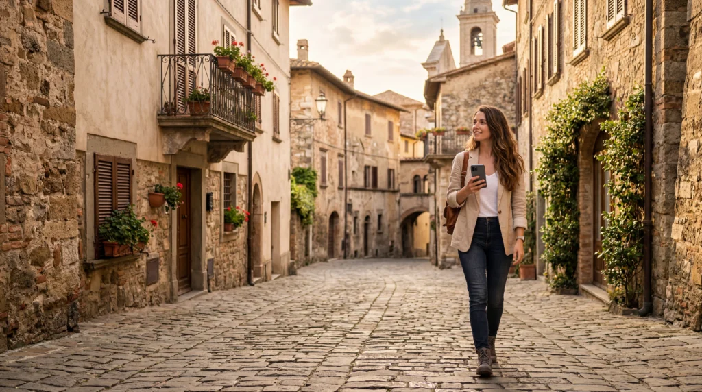 Female traveler walking through a historic European street using mobile data with eSIM for seamless connectivity abroad