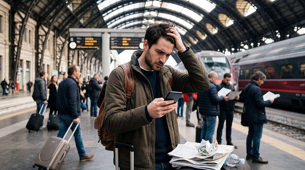 Traveler experiencing mobile internet problems abroad while using smartphone