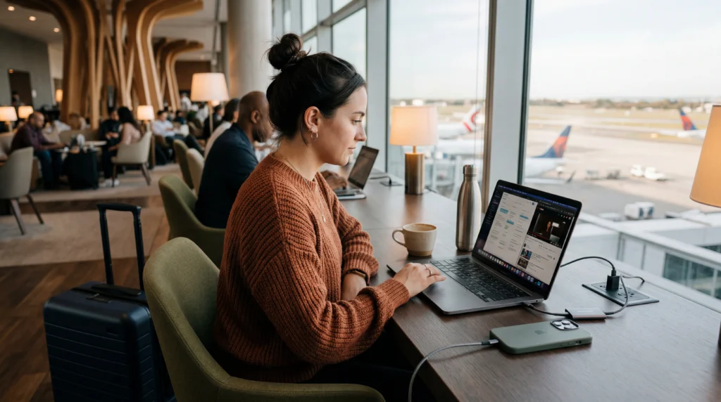 Traveler using smartphone and laptop with unlimited eSIM data while working and streaming abroad