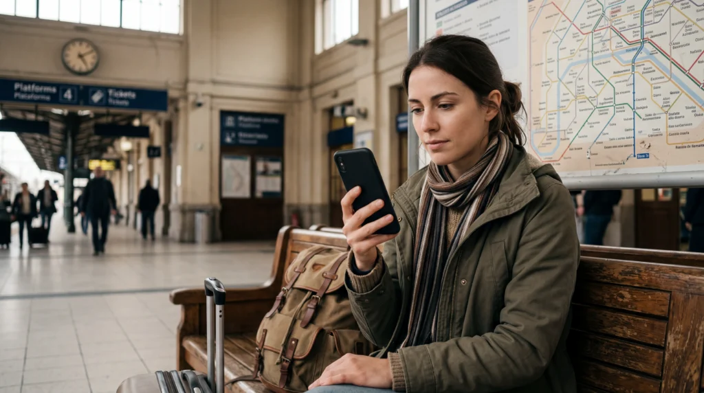 Traveler using smartphone offline without internet while navigating in a foreign city