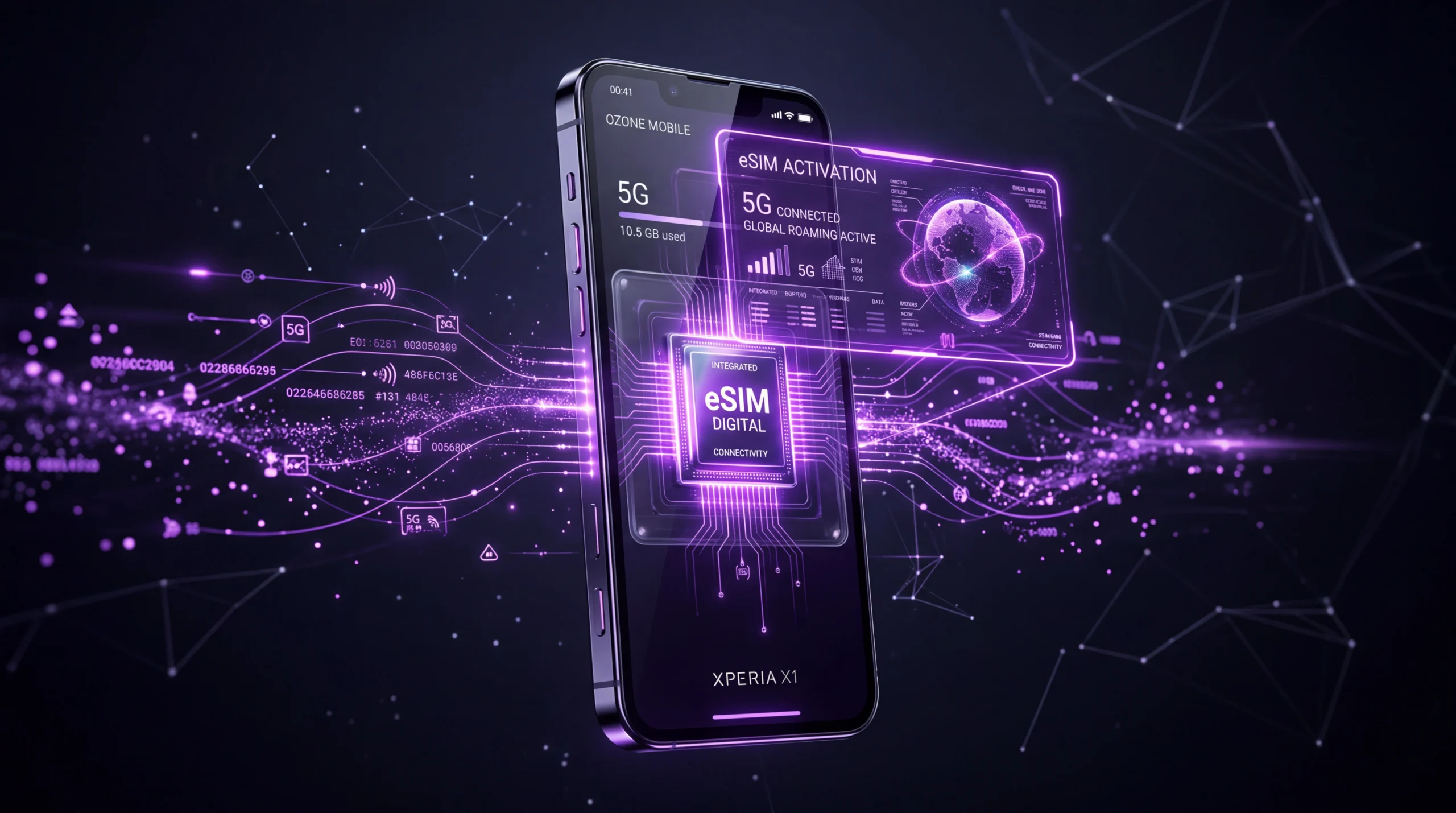 Digital eSIM technology concept showing embedded SIM and mobile data connectivity