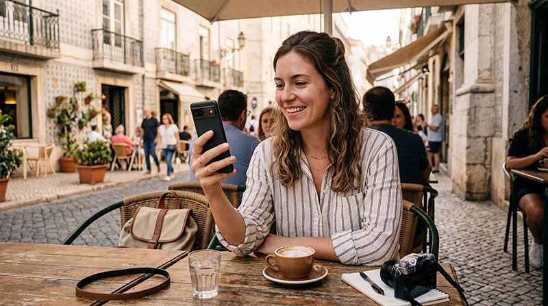 Traveler using WhatsApp messaging and calls while traveling abroad