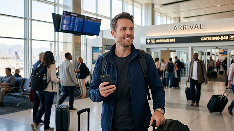Traveler checking smartphone connection after activating eSIM upon arrival abroad