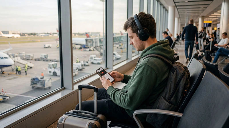 Traveler watching YouTube videos on smartphone while traveling