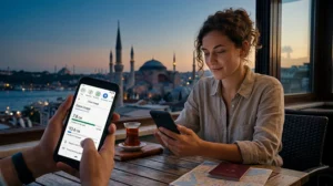 Traveler using mobile data while traveling in Turkey.