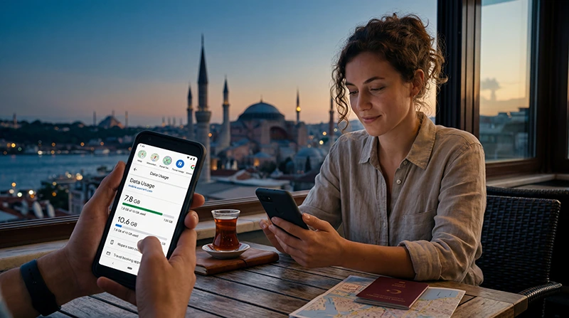 Traveler using mobile data while traveling in Turkey.