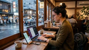 Digital nomad using a Japan eSIM and mobile internet while working remotely in Japan.
