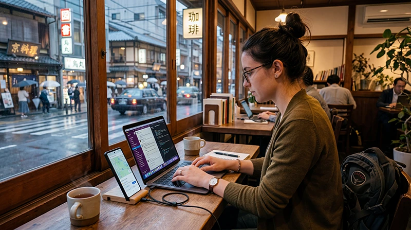 Digital nomad using a Japan eSIM and mobile internet while working remotely in Japan.