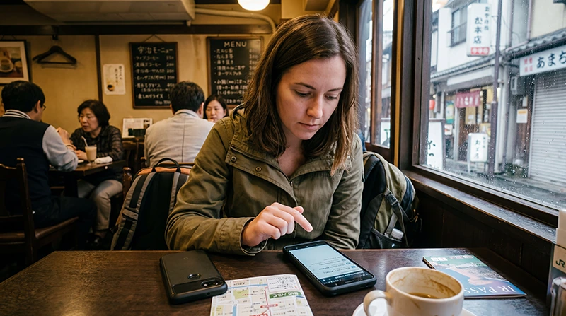 Traveler configuring APN settings for a Japan eSIM on a smartphone while traveling in Japan.