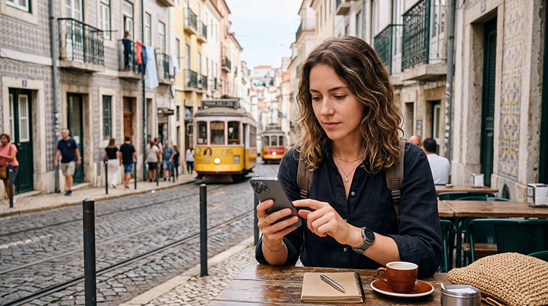 Traveler configuring APN settings for Portugal eSIM on smartphone