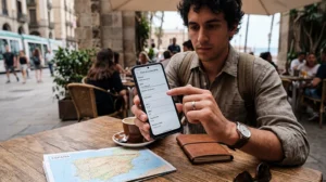 Traveler configuring APN settings for Spain eSIM mobile internet