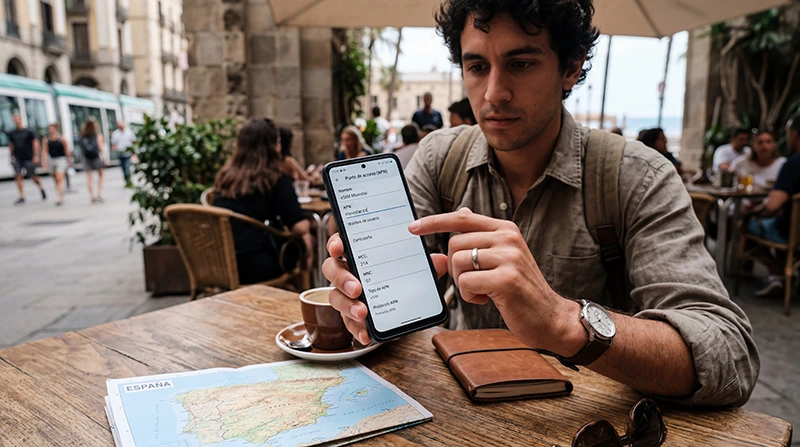 Traveler configuring APN settings for Spain eSIM mobile internet