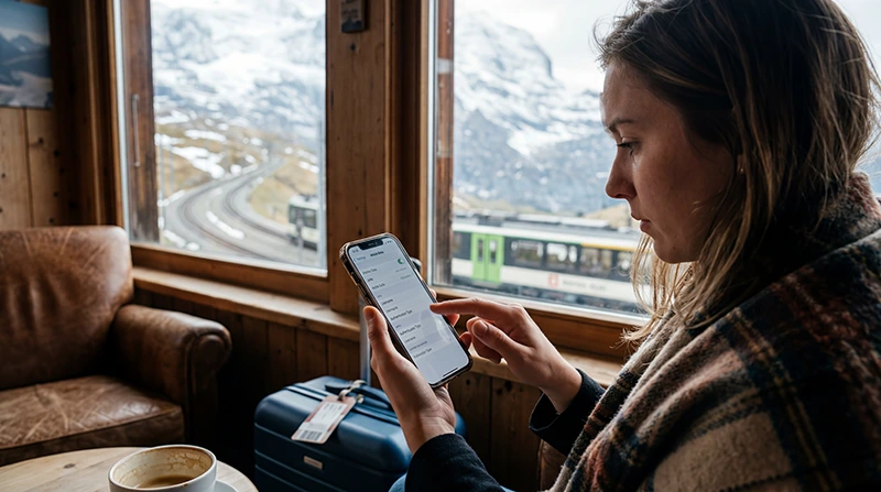 Traveler configuring APN settings for eSIM mobile internet in Switzerland.