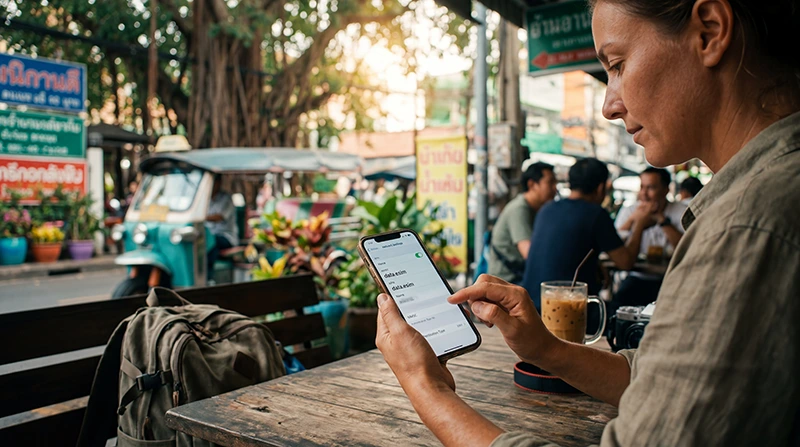 Traveler configuring APN settings for a Thailand eSIM with the APN data.esim on a smartphone in Thailand.