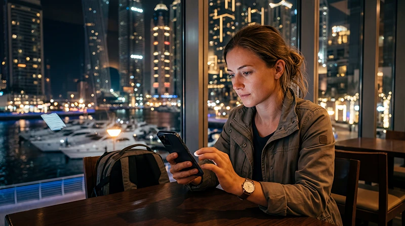 Traveler configuring APN settings for a UAE eSIM on a smartphone in Dubai.