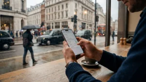 Traveler configuring APN settings for a UK eSIM on a smartphone while traveling in the United Kingdom.