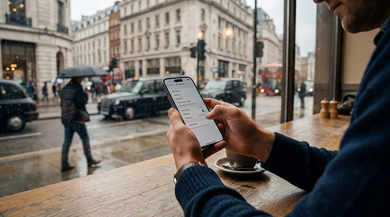Traveler configuring APN settings for a UK eSIM on a smartphone while traveling in the United Kingdom.