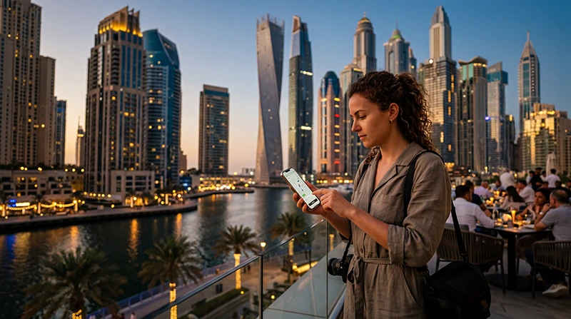Traveler using travel apps in Dubai with smartphone near Burj Khalifa and Dubai Marina skyline.