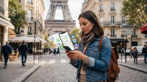 Traveler using essential France travel apps with mobile internet and France eSIM