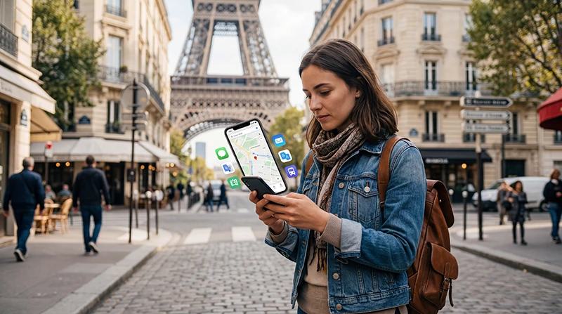 Traveler using essential France travel apps with mobile internet and France eSIM