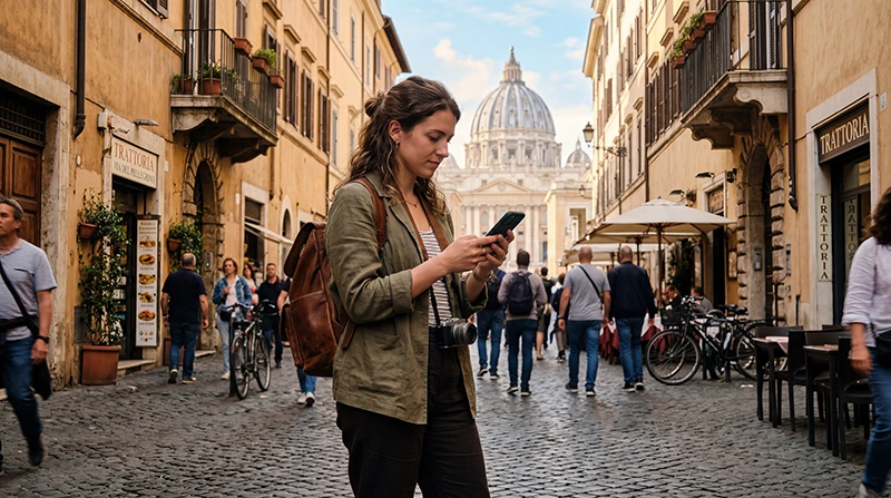 Traveler using useful travel apps while exploring Italy
