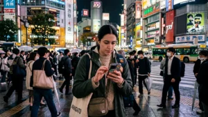 Traveler using travel and navigation apps while exploring Japan.