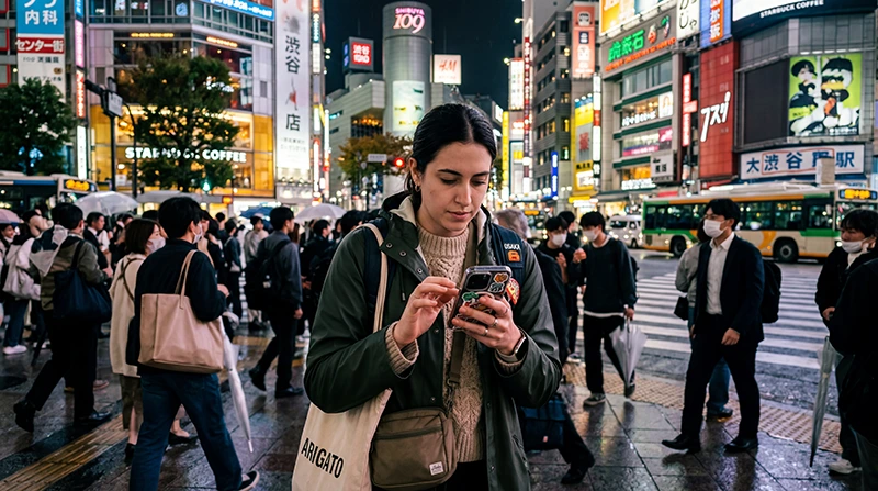 Traveler using travel and navigation apps while exploring Japan.