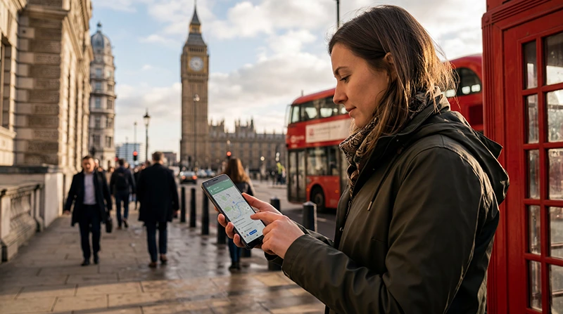 Traveler using essential travel apps in London on a smartphone while exploring the city.