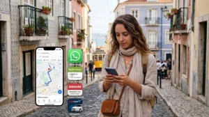 Tourist using travel apps and Portugal eSIM while exploring Portugal