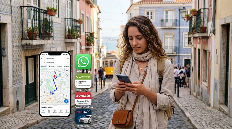 Tourist using travel apps and Portugal eSIM while exploring Portugal