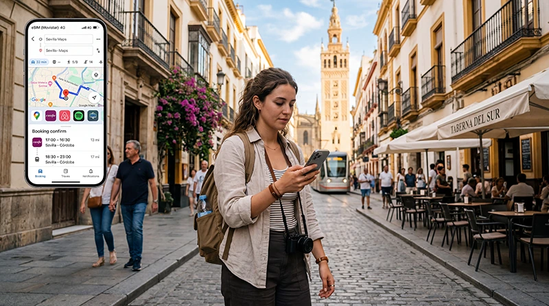 Traveler using travel apps and eSIM mobile internet in Spain