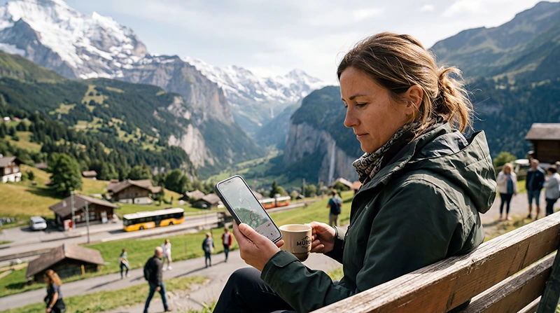 Traveler using travel apps and mobile internet while exploring Switzerland.