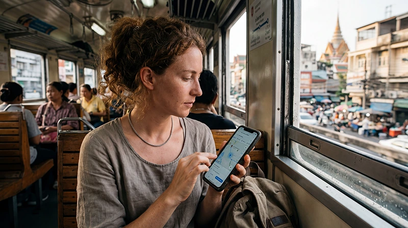 Traveler using travel apps in Thailand with a Thailand eSIM for maps, transportation, ferries, hotels, and mobile internet.