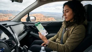 Traveler using essential USA travel apps with mobile internet and a USA eSIM while exploring the United States.