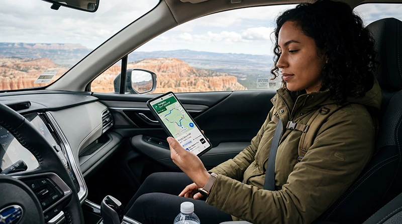 Traveler using essential USA travel apps with mobile internet and a USA eSIM while exploring the United States.
