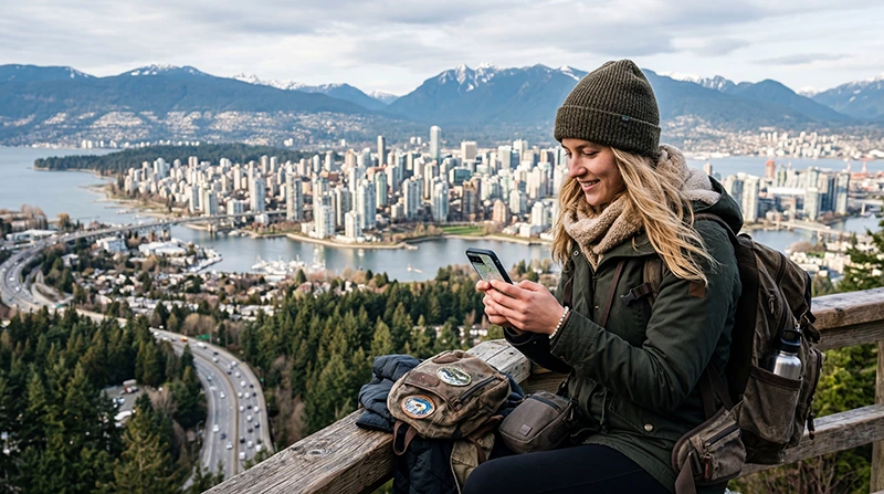Traveler using smartphone with mobile data plan during travel in Canada