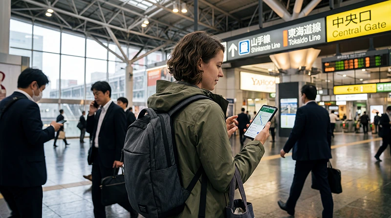 Traveler using a Japan eSIM and mobile data while traveling through Japan.