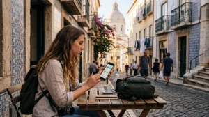 Tourist choosing the best data plan for Portugal travel using eSIM and mobile internet