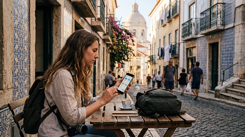 Tourist choosing the best data plan for Portugal travel using eSIM and mobile internet