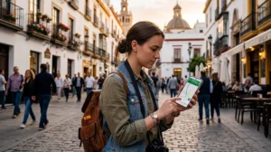 Traveler using eSIM mobile data plan while traveling in Spain