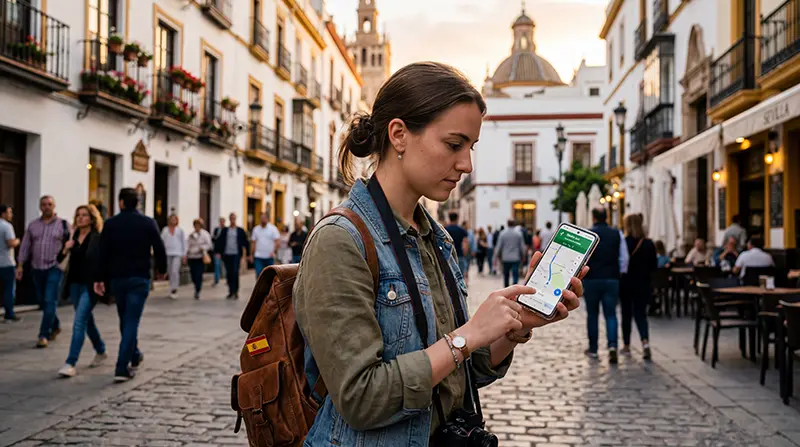 Traveler using eSIM mobile data plan while traveling in Spain