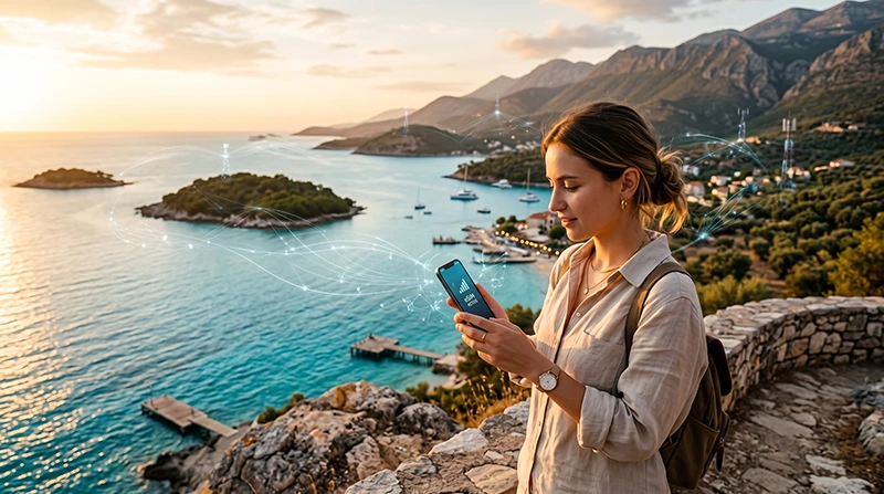 Traveler using the best Albania eSIM for mobile internet while traveling along the Albanian Riviera.