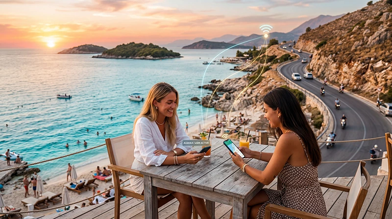 Travelers using eSIM mobile internet on the Albanian Riviera near Ksamil and Sarandë beaches.