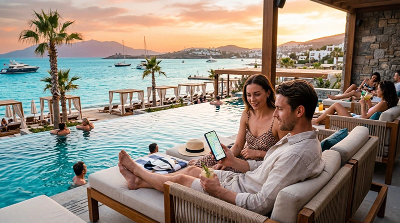 Travelers using eSIM mobile internet at all-inclusive resorts in Turkey.