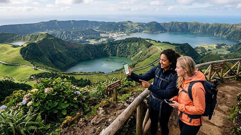 Tourists using Azores eSIM and mobile internet while exploring volcanic landscapes in the Azores Portugal
