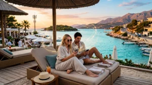 Travelers using eSIM mobile internet during beach travel on the Albanian Riviera.